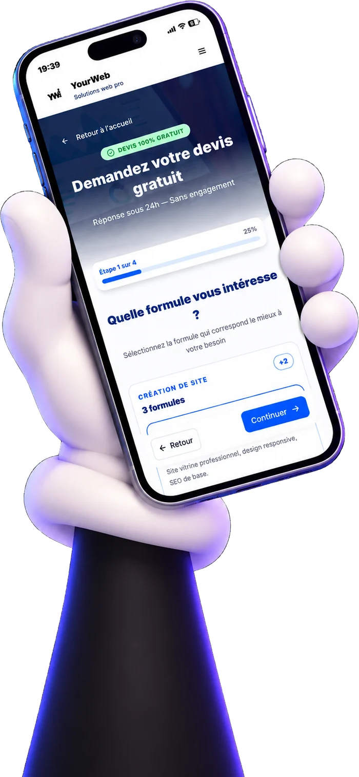 La main de la mascotte YourWeb tend un téléphone ouvert sur la page de demande de devis